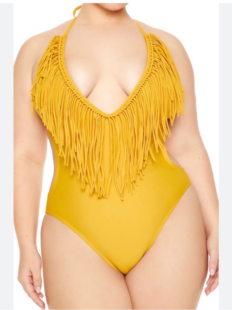 Forever 21 Nwot Has Liner Mustard Yellow Fringe Halter One-Piece Swimsuit Lg